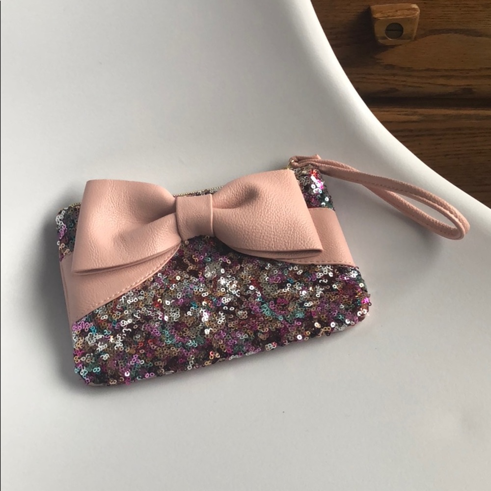 Betsey Johnson Pink Bow Sequin Wristlet Purse